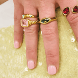 Bixby and Co multicoloured Gem rings on models hand