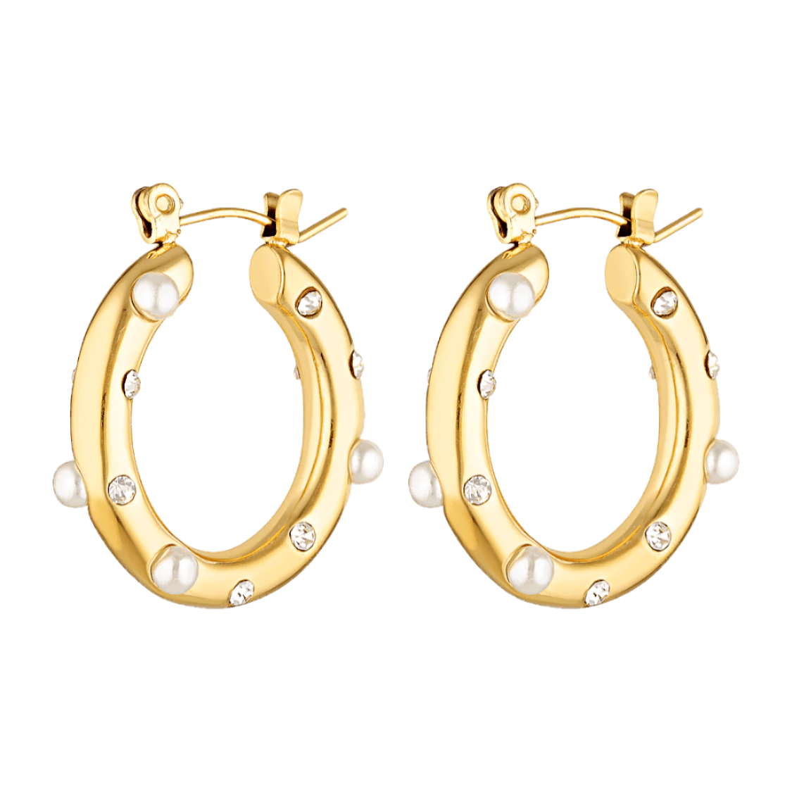 gold filled hoops with pearl and diamanté detail 