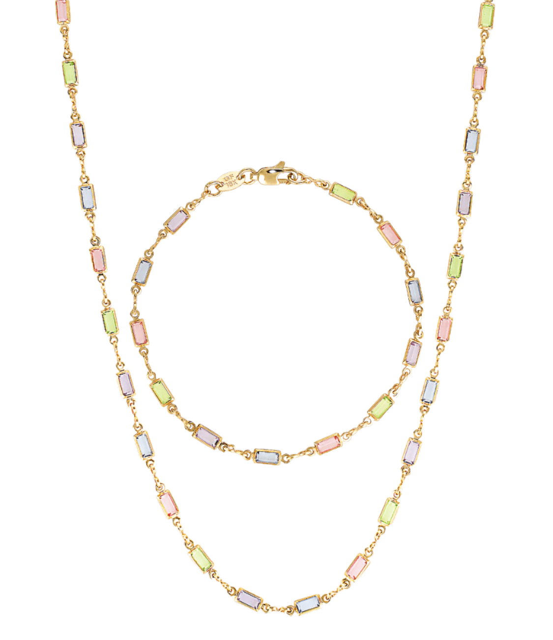 Pastel rainbow bracelet and necklace set in gold 