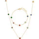 Cute matching necklace and bracelet set with small multicoloured stone along a fine gold chain 