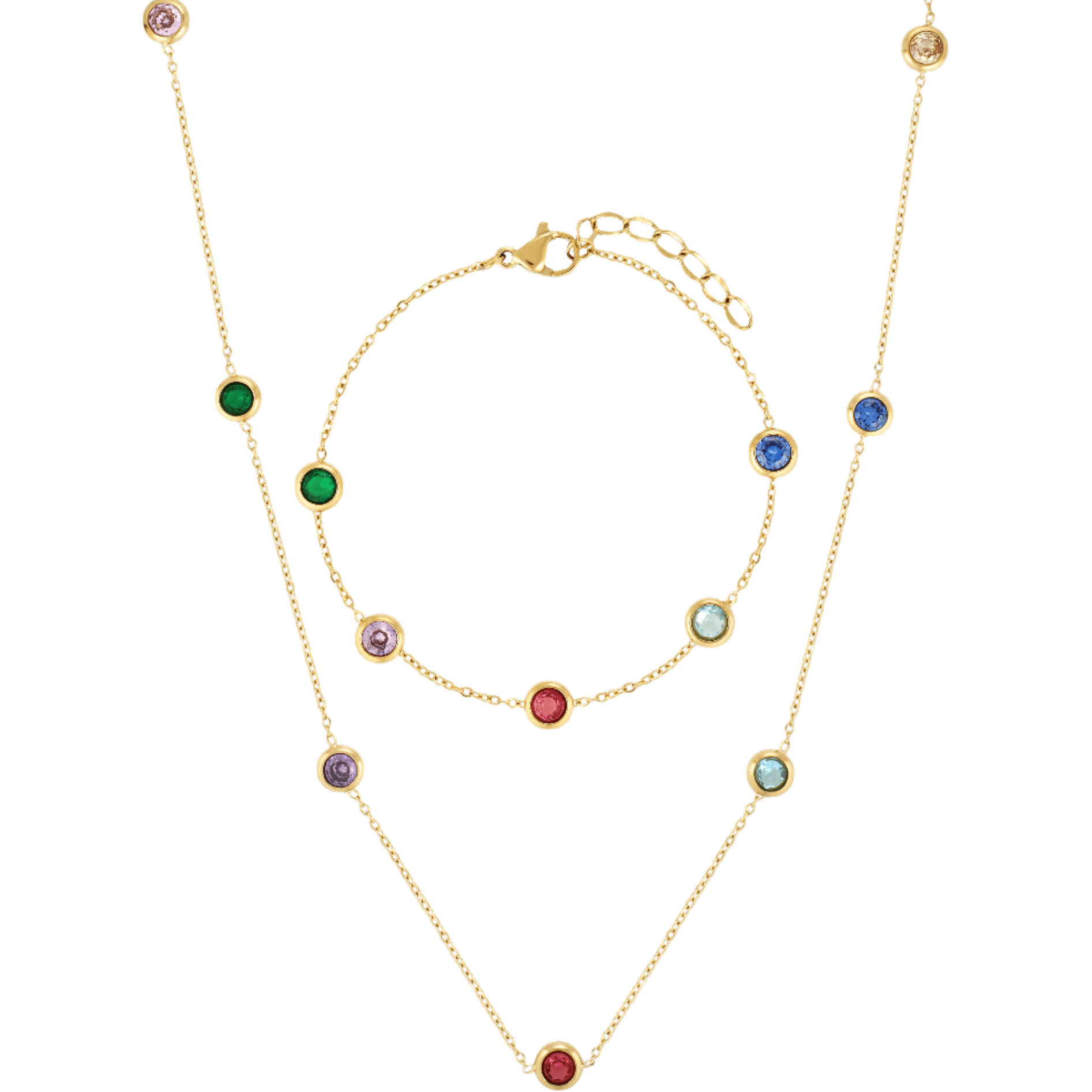 Cute matching necklace and bracelet set with small multicoloured stone along a fine gold chain 