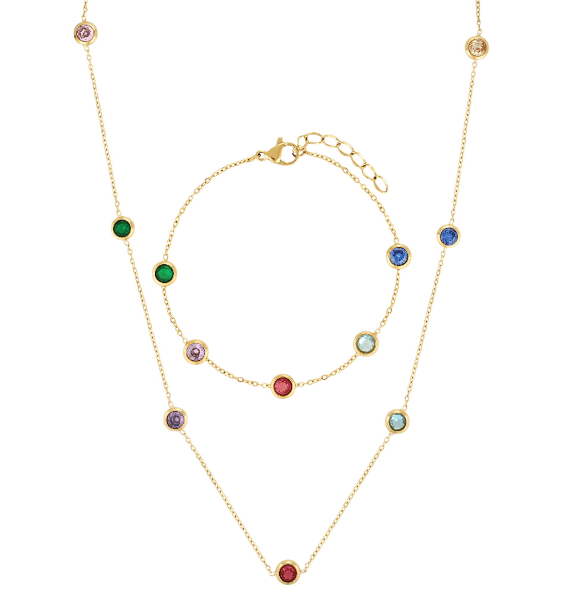 Cute matching necklace and bracelet set with small multicoloured stone along a fine gold chain 