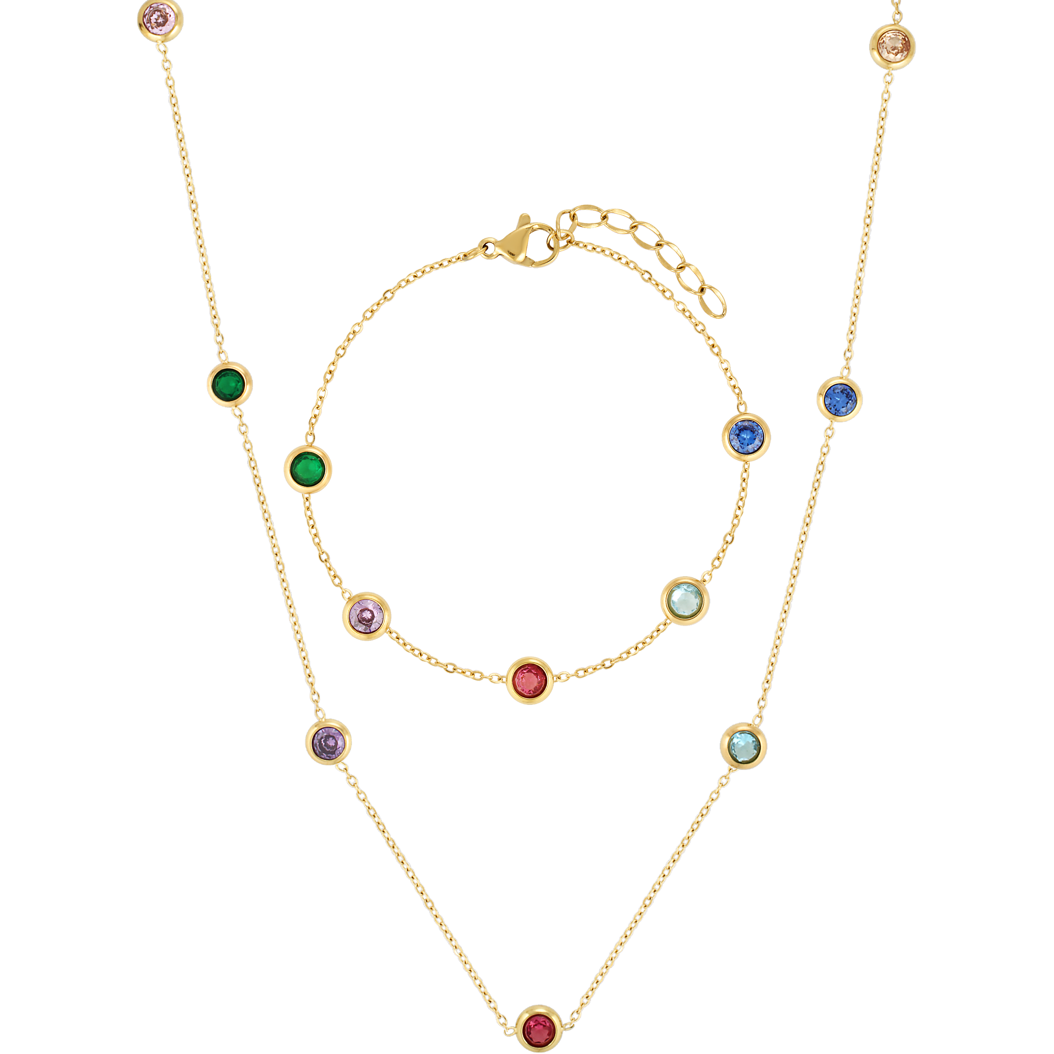 Cute matching necklace and bracelet set with small multicoloured stone along a fine gold chain 