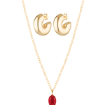 Beautiful large gold stud hoops and red crystal pendant necklace in 18k gold fill set 