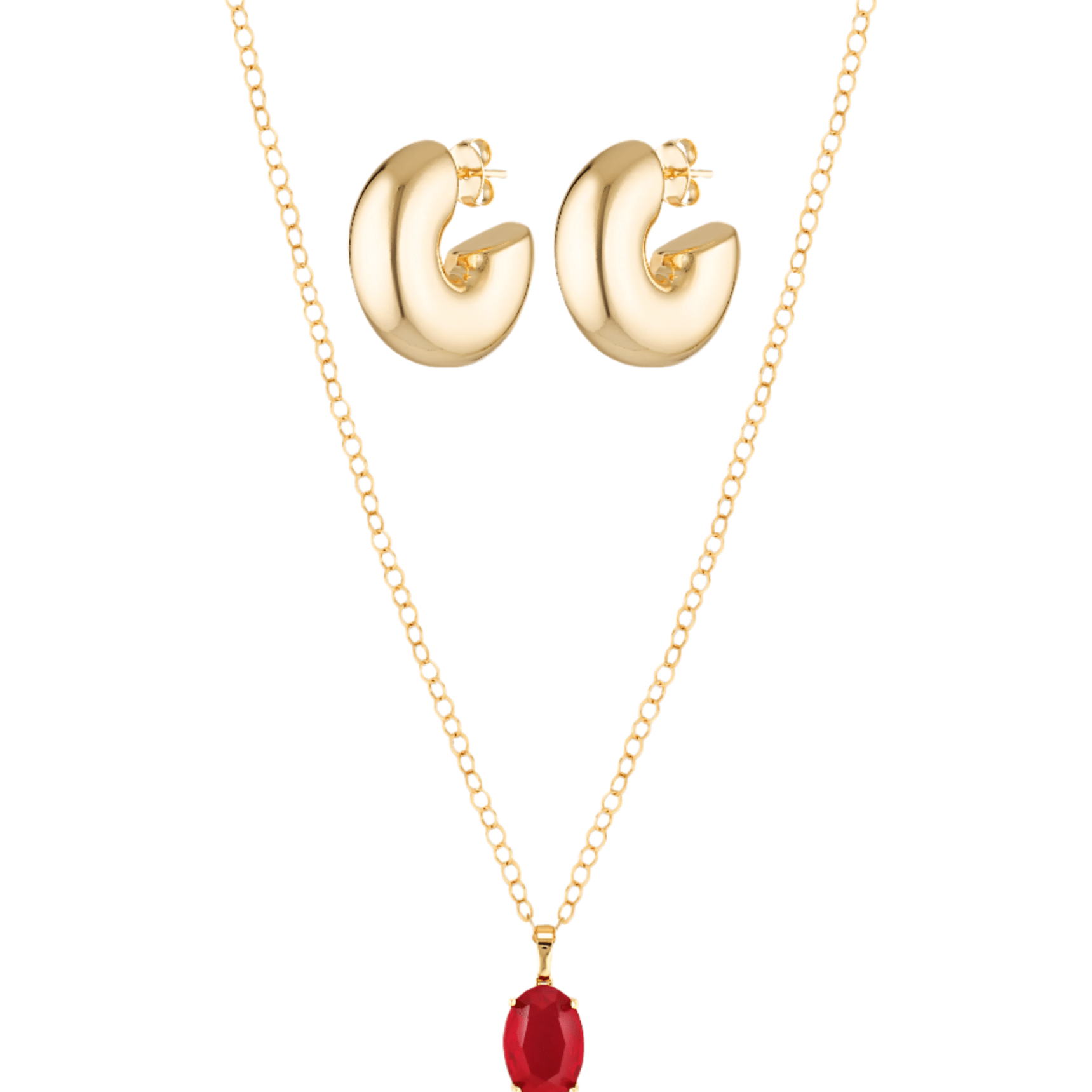 Beautiful large gold stud hoops and red crystal pendant necklace in 18k gold fill set 