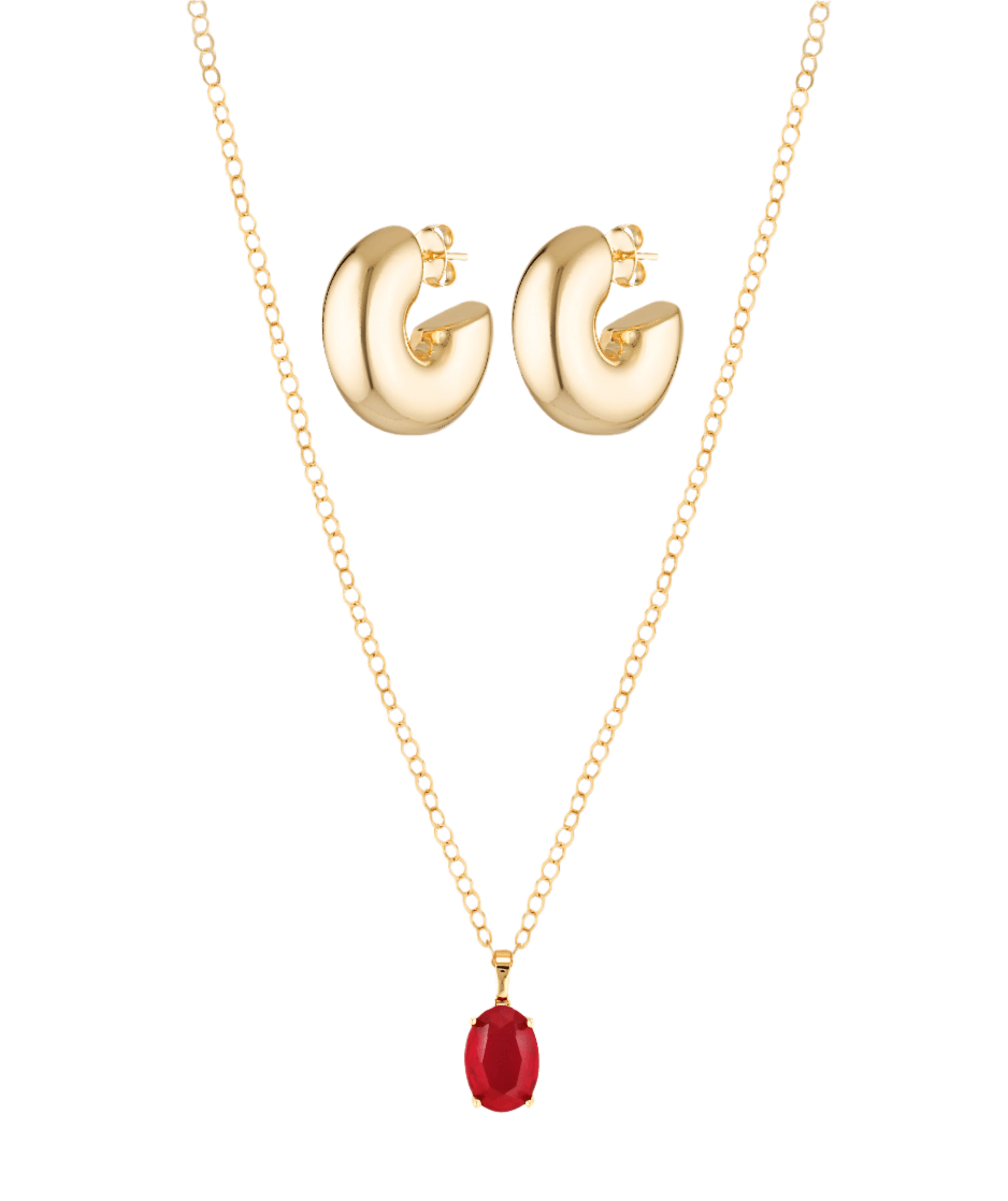 Beautiful large gold stud hoops and red crystal pendant necklace in 18k gold fill set 