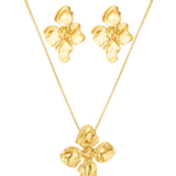 Hibiscus shaped earrings and necklace  with large Gold flower pendant 