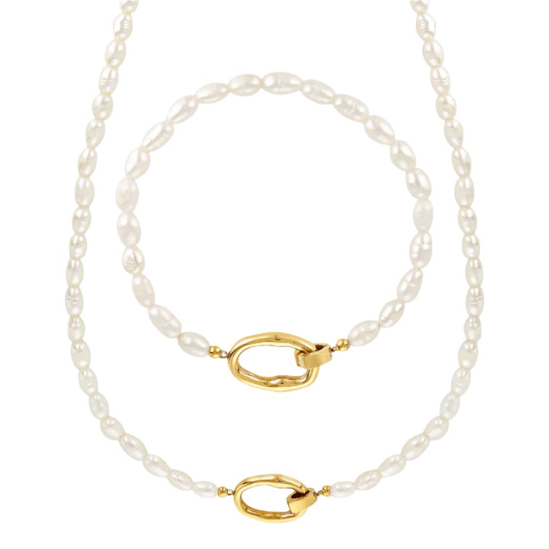 Freshwater Pearl necklace and bracelet set with unique gold clasp,