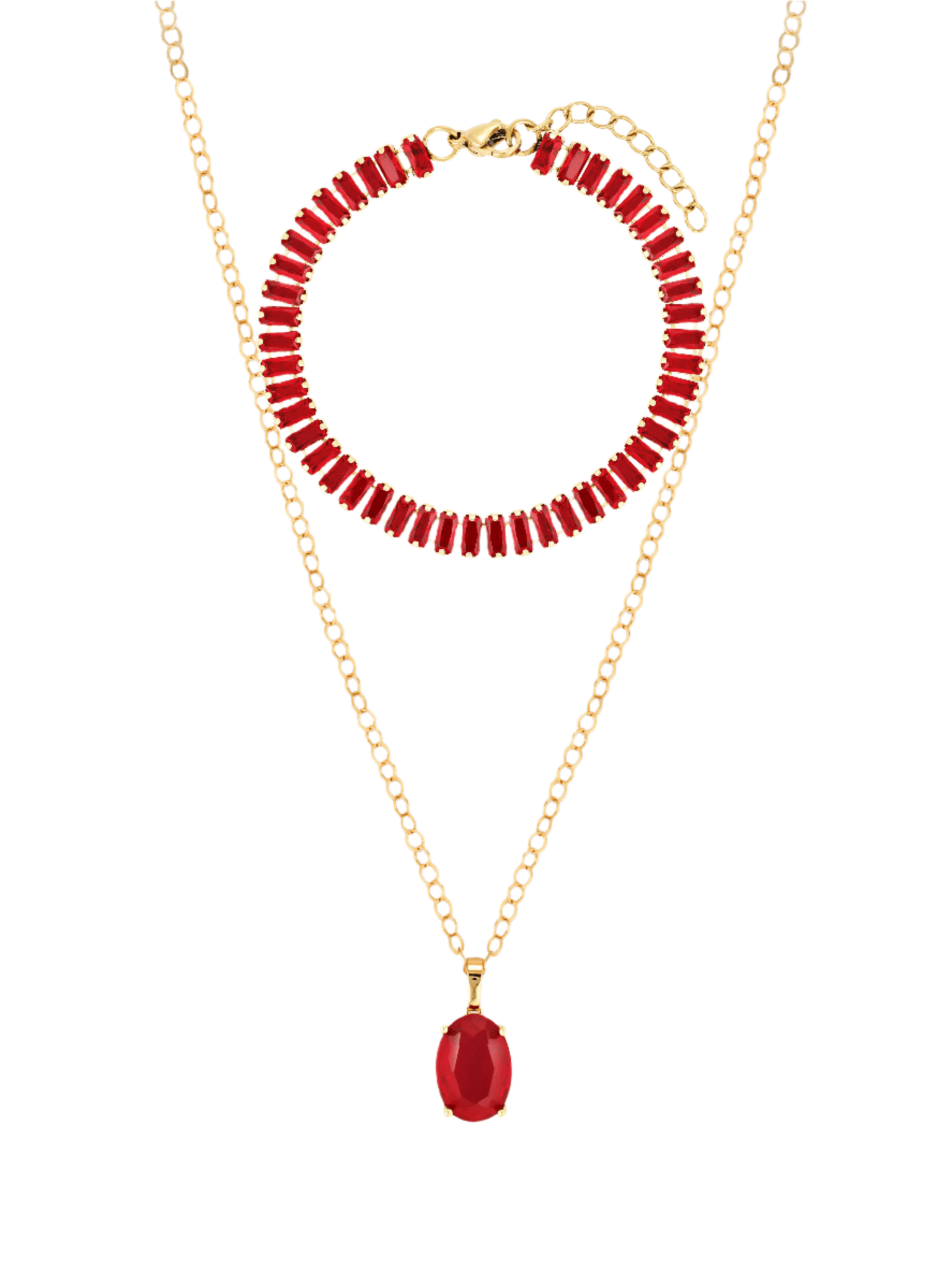 Lillian Set - red crystal bracelet and necklace in gold 