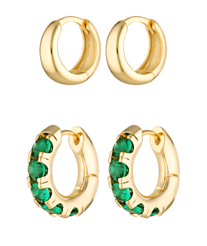 Set of two of our best hoop earrings. Huggies with green hoops