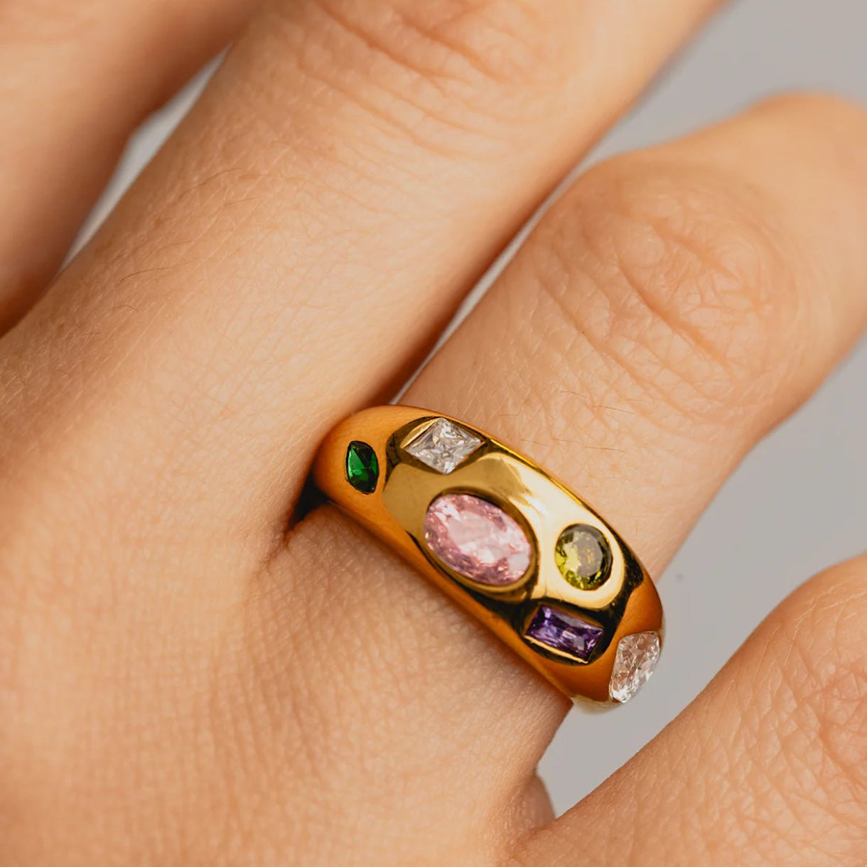 Coloured gemstone ring in spring flower colours in 14k gold fill 