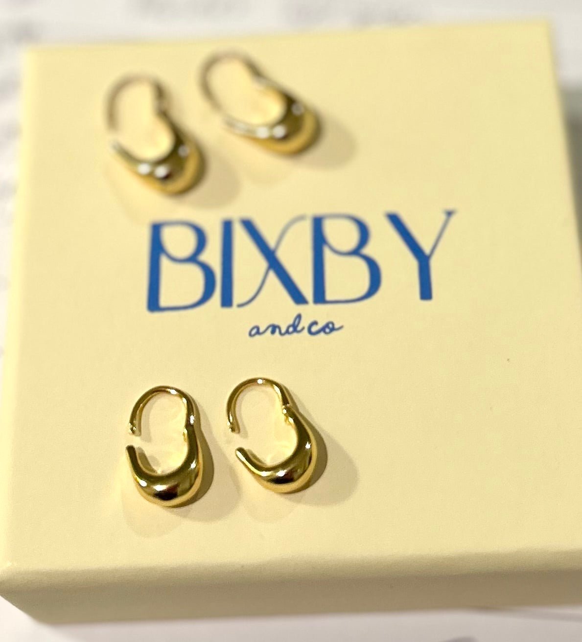 Bixby packaging with Noma earrings on in a flat lay