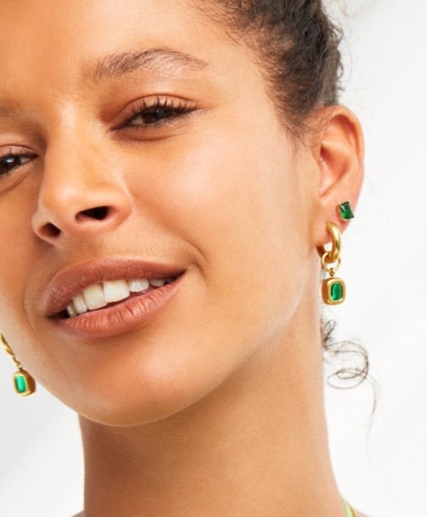 Soho Hoops | gold hoops with green gemstones 