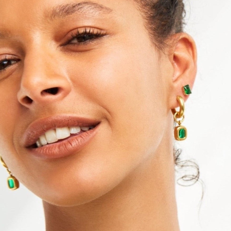 Soho Hoops | gold hoops with green gemstones 